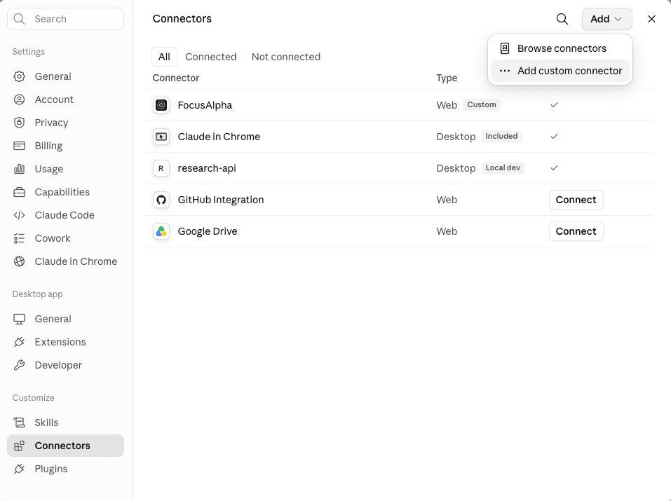 Connectors page with the Add custom connector menu open