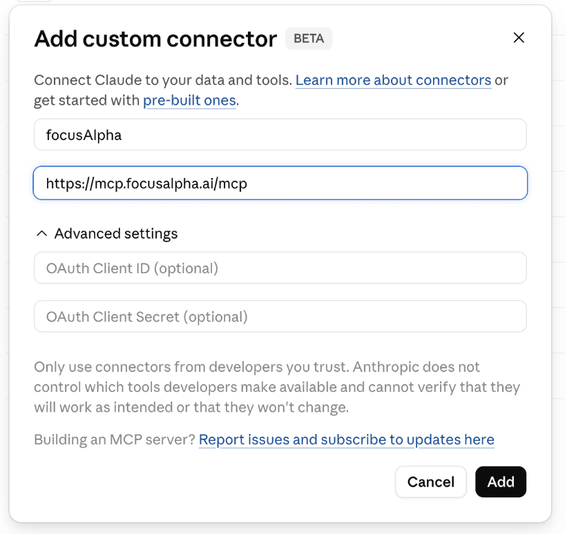 The Add custom connector dialog with the name and server URL filled in
