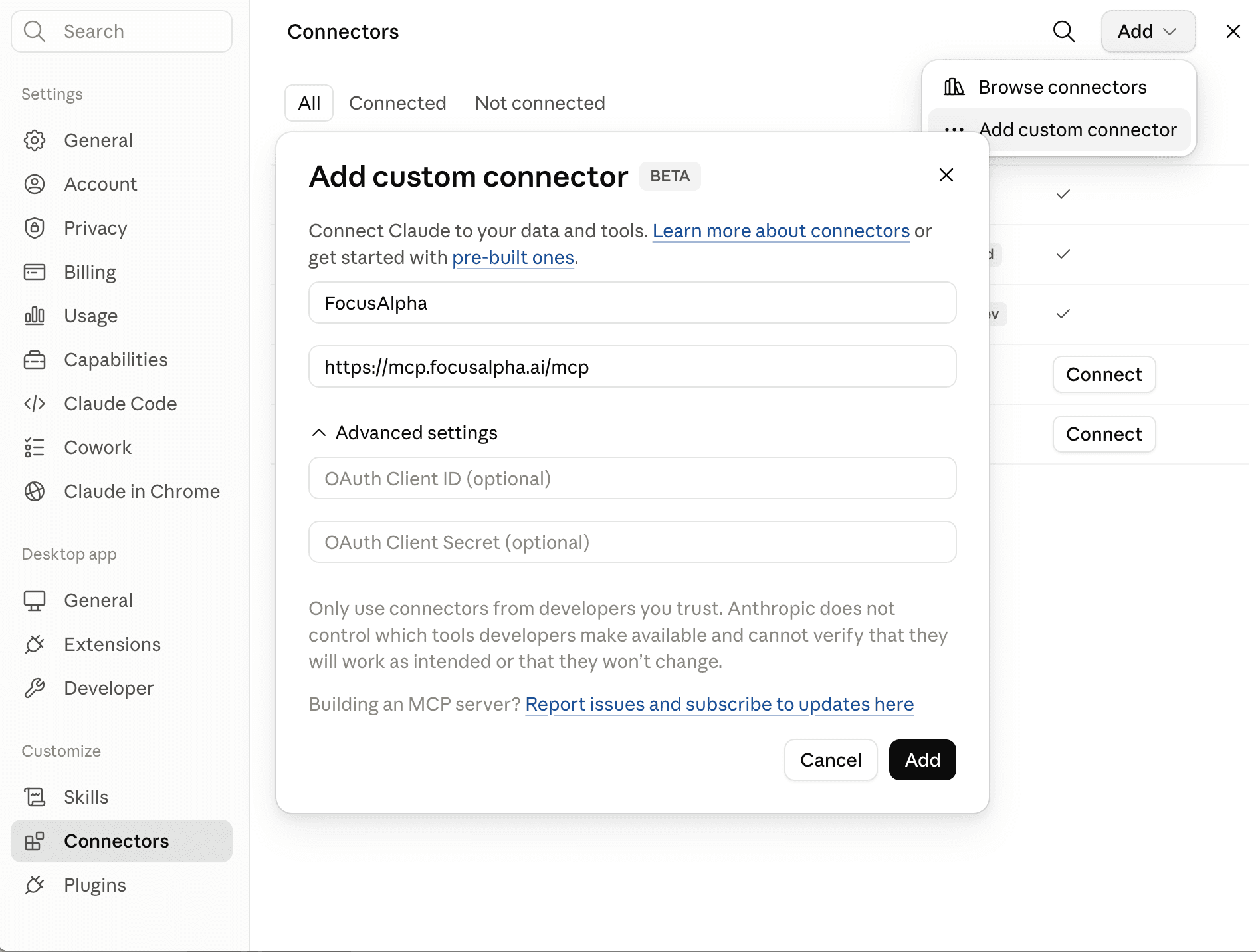 The "Add custom connector" dialog in Claude Desktop: