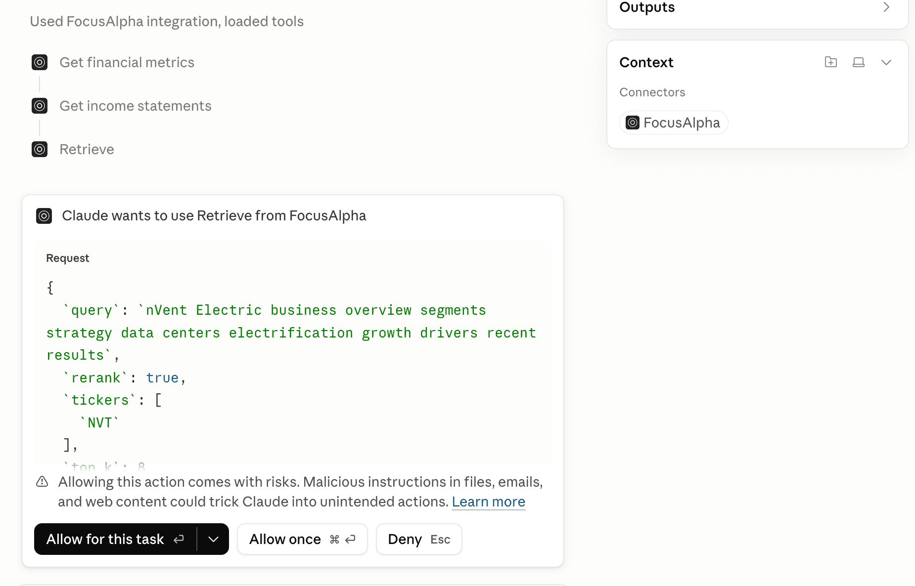Claude asking for permission to use Retrieve from FocusAlpha